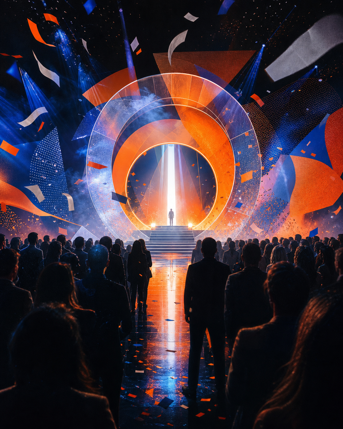 Editorial artwork of an immersive launch stage with lights and an audience