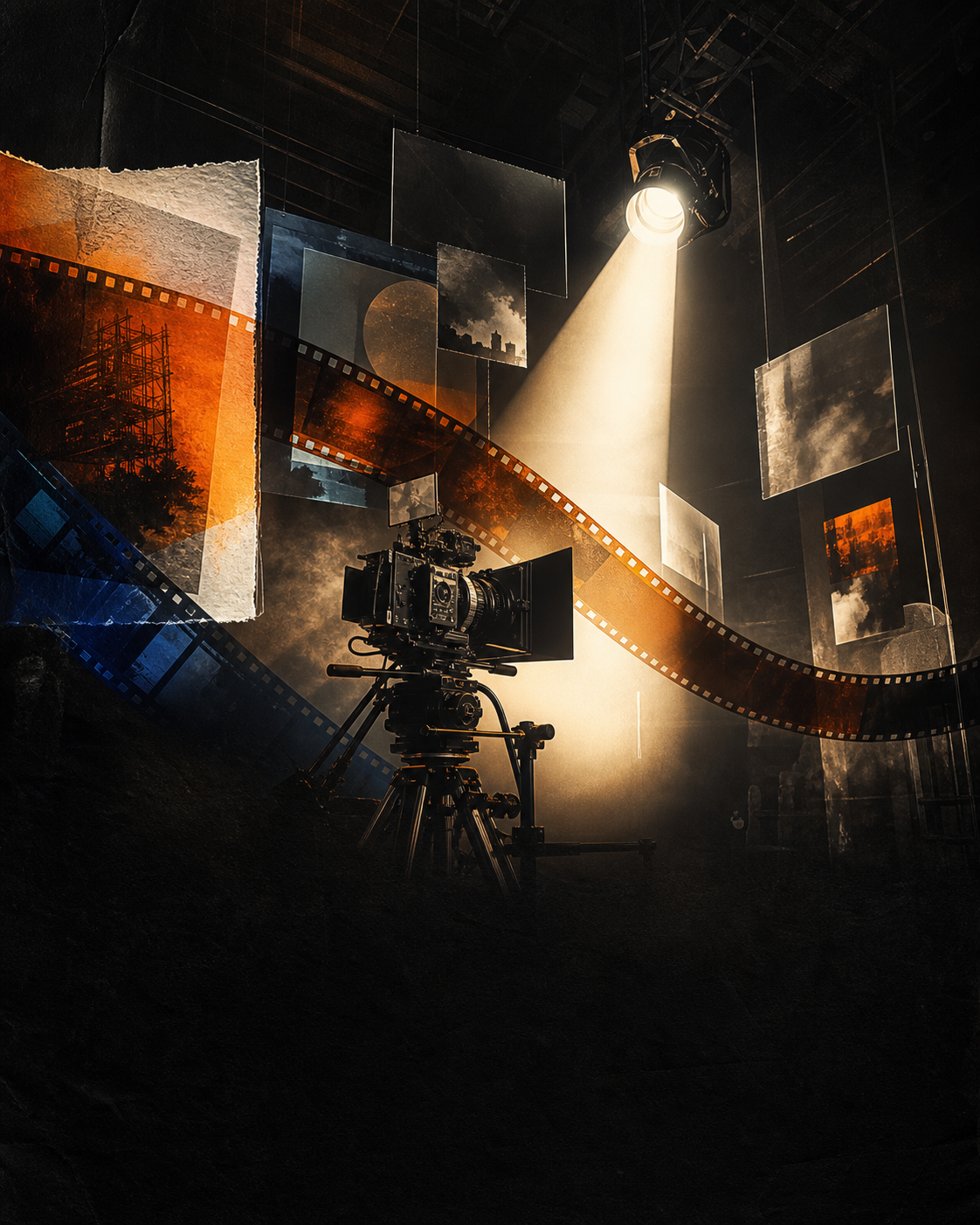 Editorial artwork of a cinema camera, film strips, and studio light