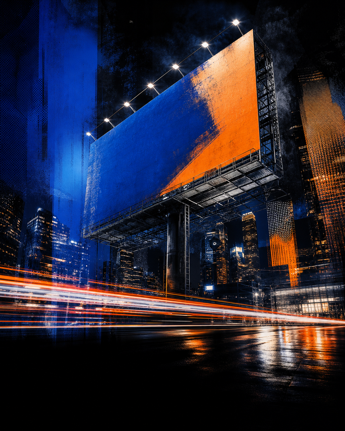 Editorial artwork of a monumental illuminated billboard above a night city